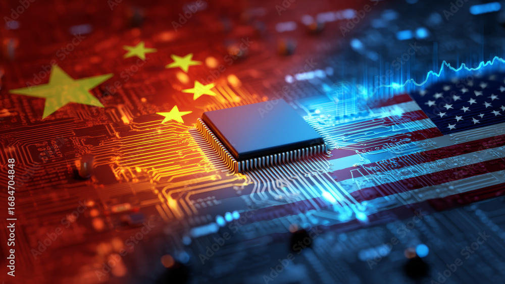 Poster ai chip on circuit board with stock market graph and flags representing technology competition betwe
