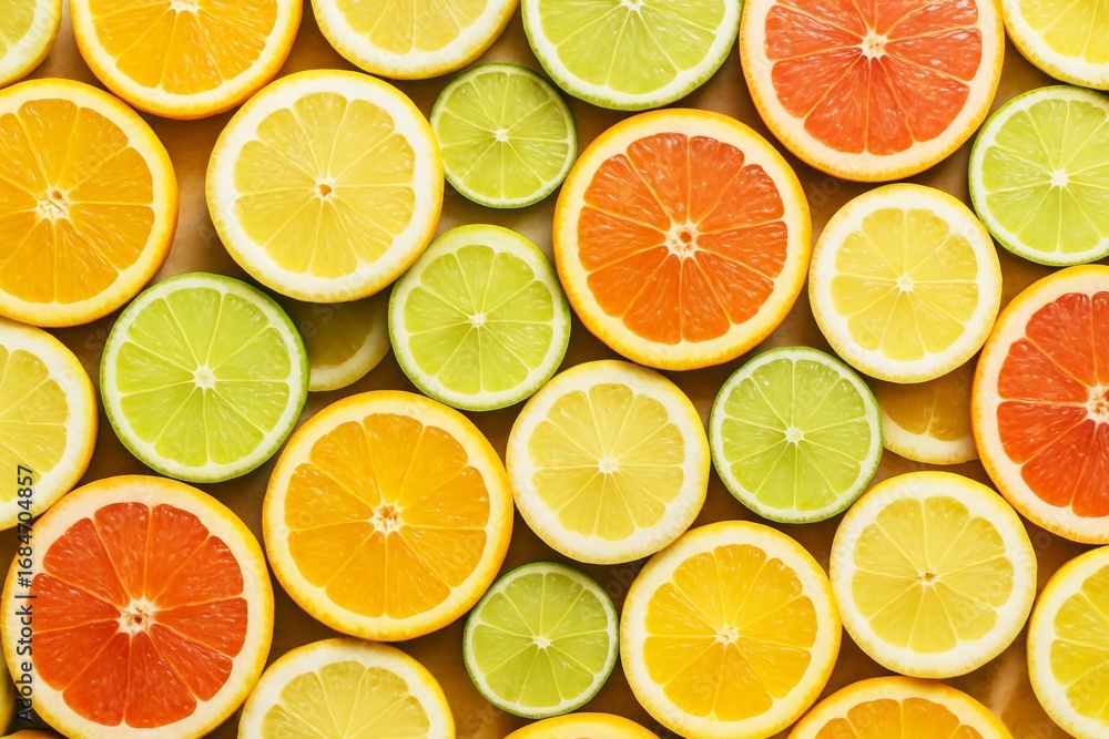 Poster sliced citrus fruits pattern with oranges, lemons, limes, and grapefruits arranged in colorful rows 