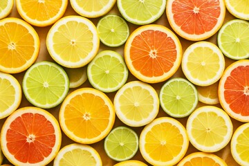 Fototapeta premium Sliced citrus fruits pattern with oranges, lemons, limes, and grapefruits arranged in colorful rows on a light background. Ai generative. Ai generative