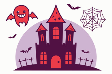 Vector art of spooky haunted castle with ghost and bats for halloween celebration