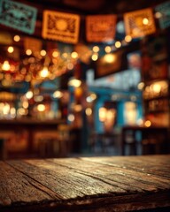 Wooden counter surface with blurred Mexican cantina background, symbolizing culture and lifestyle.