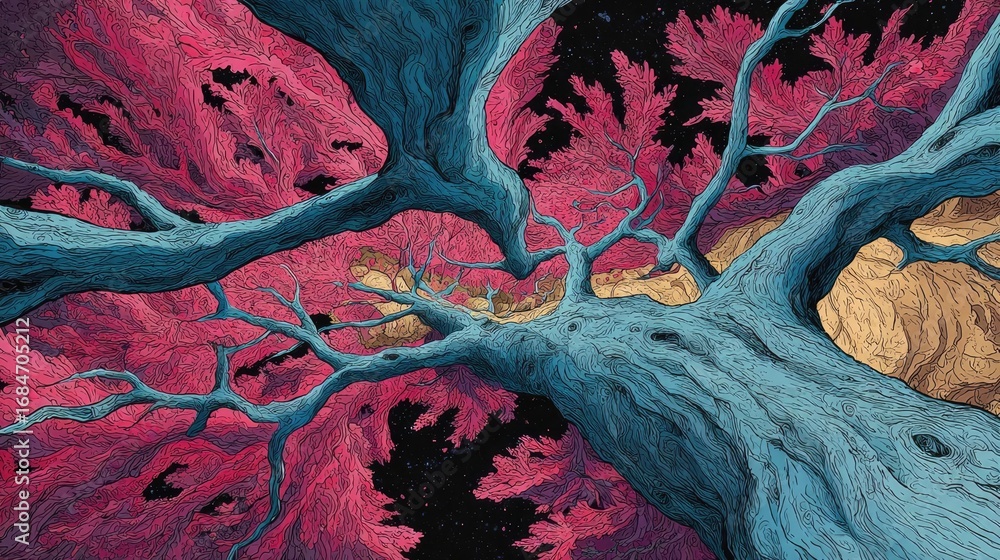 Poster hyperlipidemia 3d render blocked artery concept. a vivid tree with colorful branches against a dark 