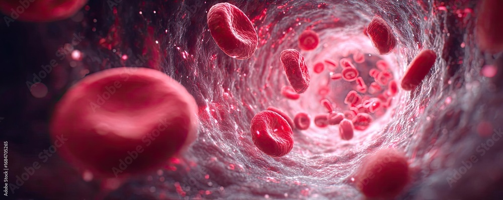 Poster hyperlipidemia 3d render blocked artery concept. microscopic view of red blood cells flowing through