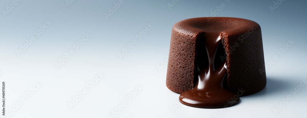 Poster delicious chocolate lava cake with melted center flowing out, placed on gradient background with spa