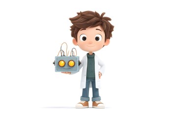 A boy holding a robotics project with glowing eyes and wires, proud of his creation, 3d animation, isolated on a white background