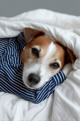 Close up, A dog dressed in pajamas tucked in a human bed