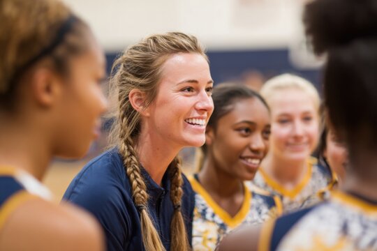 Young Female Coach Engaging Enthusiastically with Diverse Team Members