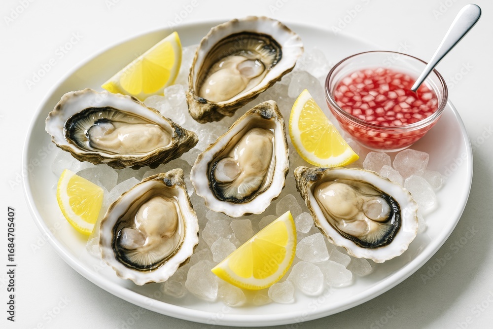 Poster fresh oysters on ice with lemon wedges and mignonette sauce served on a white plate over a bright ba