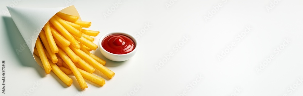 Poster french fries in paper cone with ketchup on white background with copyspace for design or promotion c