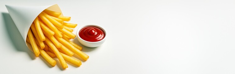 French fries in paper cone with ketchup on white background with copyspace for design or promotion concept. Ai generative. Ai generative