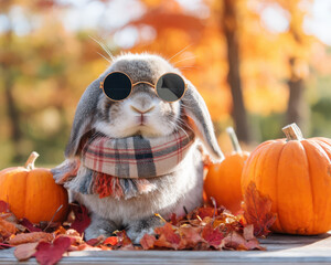 Stylish rabbit wearing sunglasses and scarf sits among vibrant autumn leaves and pumpkins, embodying essence of fall season and nature beauty