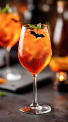 Halloween-themed Aperol spritz cocktail in a glass with ice and a bat garnish, set against a blurred bar background, creating a festive atmosphere for celebrations