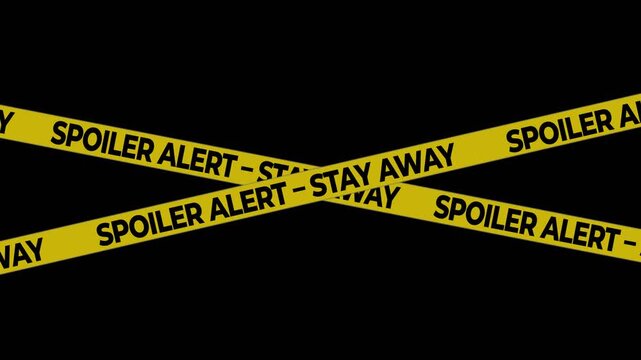 Spoiler Alert Stay Away Yellow Warning Ribbon Animation on black background &ndash; Danger Tape Overlay for Video Editing, Film, and Content Creators