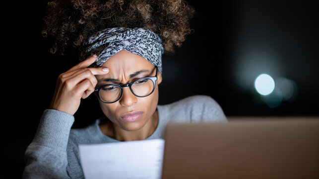 Close-up of stressed African American expression as she holds a receipt to her forehead, laptop screen glowing.