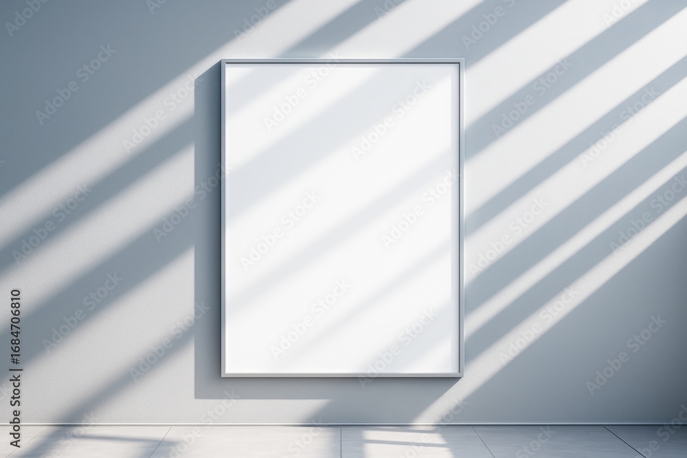 Poster blank vertical poster frame on light wall with diagonal shadows and soft lighting, clean minimalist 