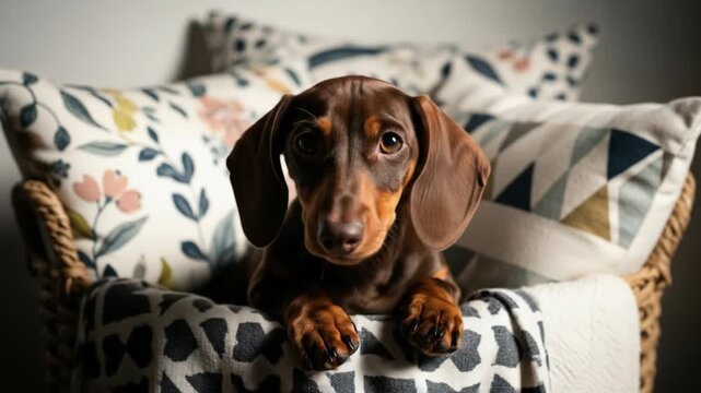 Dachshund puppy snuggles in comfy pillows