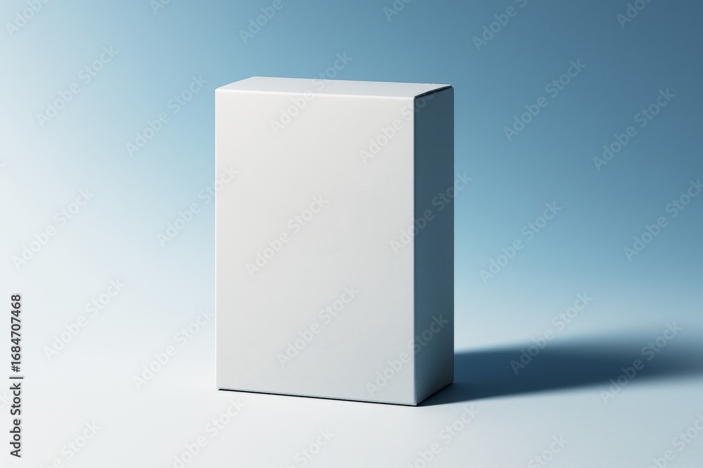 Poster minimalistic blank packaging box mockup with clean layout and bright light on blue gradient backgrou