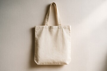Minimalist beige cotton tote bag hanging on textured wall in soft natural light with neutral background, symbolizing eco-friendly lifestyle choices. Ai generative