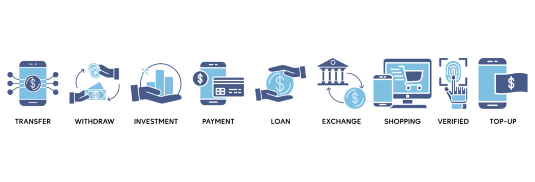 Mobile banking icon set vector illustration concept relate to transfer, withdraw, investment, payment, loan, exchange, shopping, verified and top-up