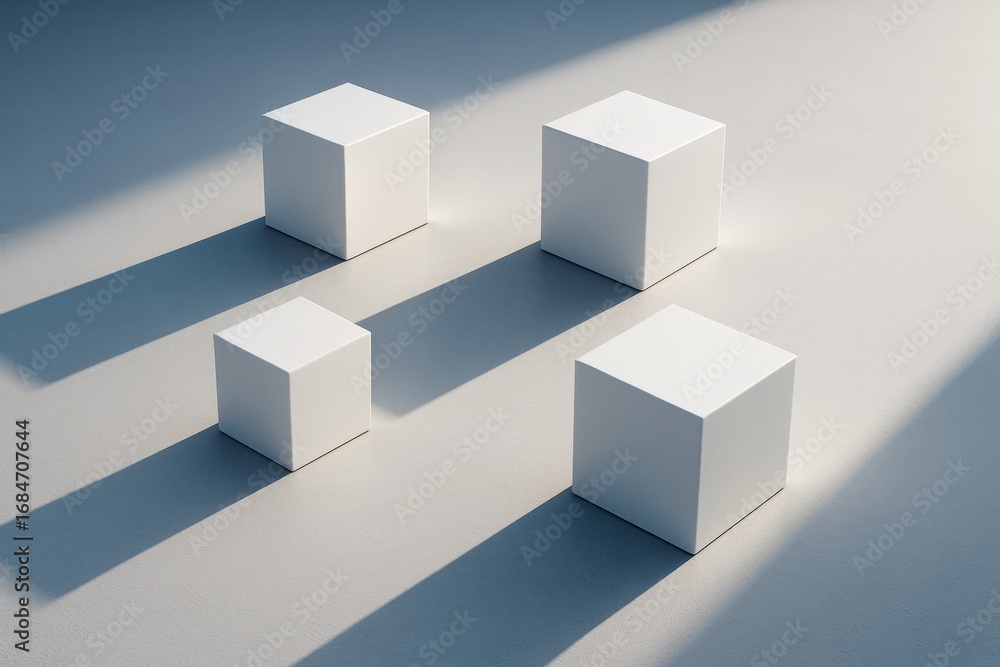 Aufkleber minimalist abstract concept with four white cubes casting long shadows in soft directional light on 