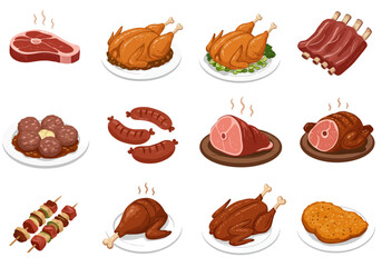 Twelve food illustrations depict various meats steak roasts ribs sausages meatballs shish kebabs  fried chicken
