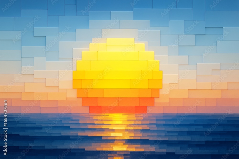 Aufkleber abstract geometric sunset over ocean with colorful blocks and glowing light effect in modern creativ