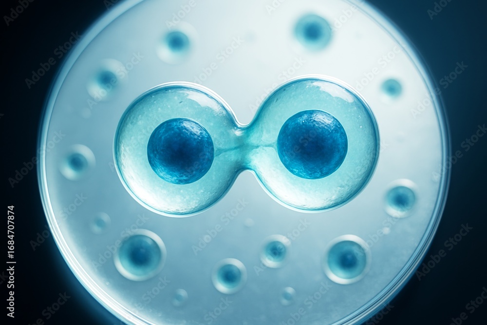 Poster abstract concept of biological cell division showing two connected blue cells with nuclei on a glowi