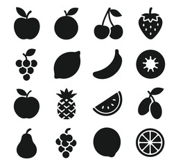 Fruit icons set, collection and group. Apple, orange, cherry, strawberry, grape, lemon, banana, pineapple, watermelon, pear, plum, citrus slice, healthy food, organic nutrition, natural fresh fruit il