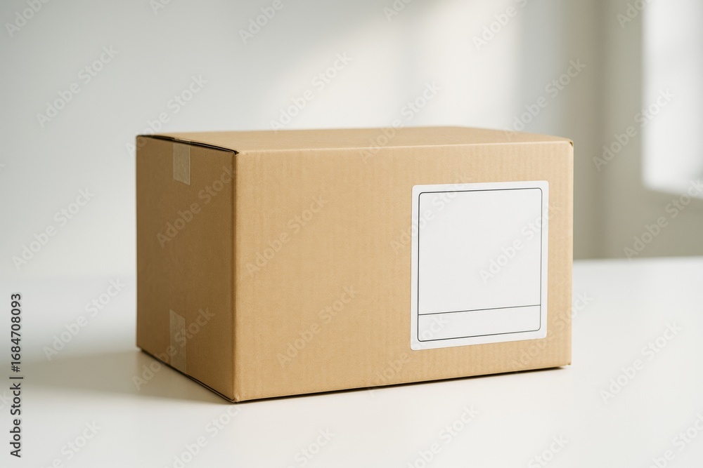 Poster blank cardboard box with empty label mockup on clean white tabletop for branding or packaging presen