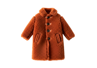 A rich, rust-colored, children's, fleece-lined coat stands out against a stark black backdrop.