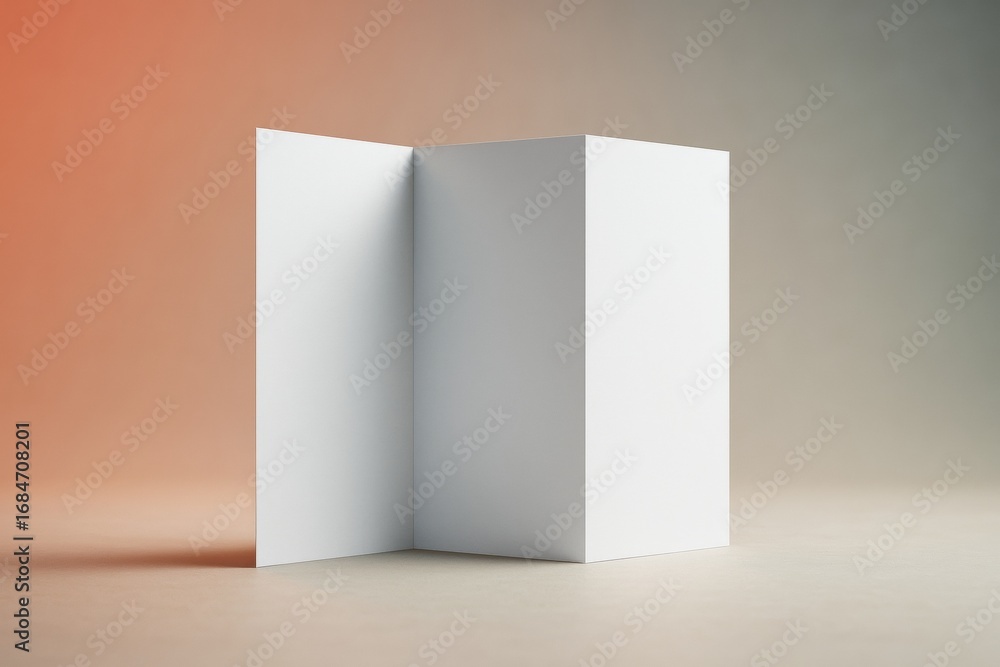 Poster blank trifold brochure mockup standing on neutral surface with soft gradient background for branding
