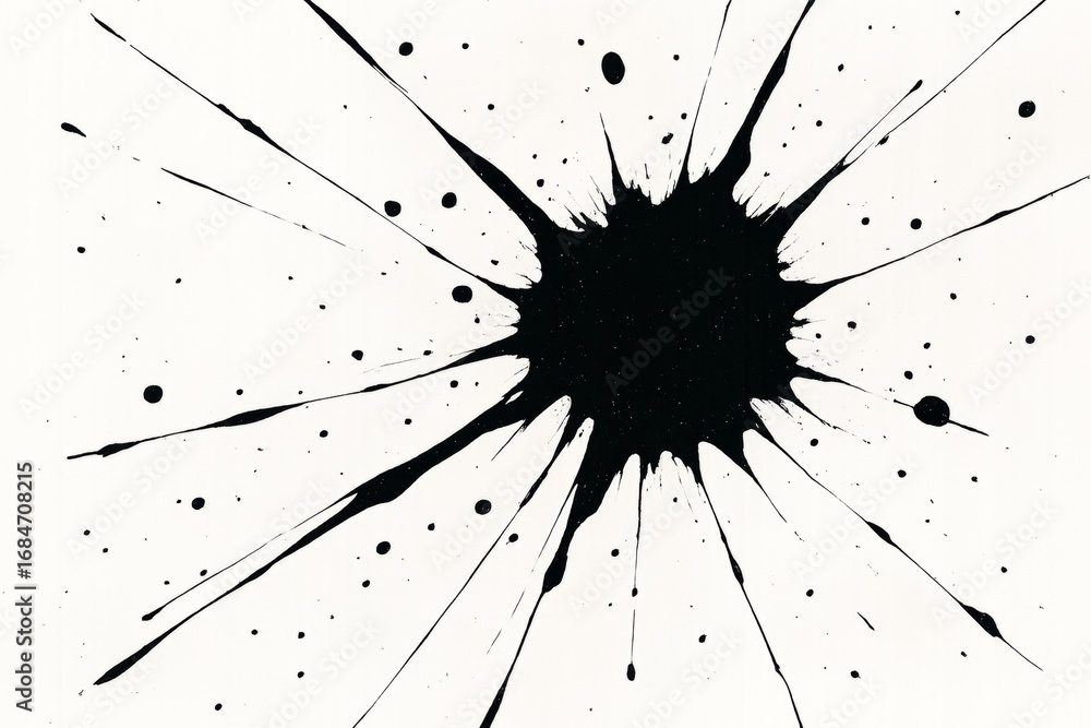 Poster ink splash explosion with dynamic black splatter pattern on light background in abstract style for m