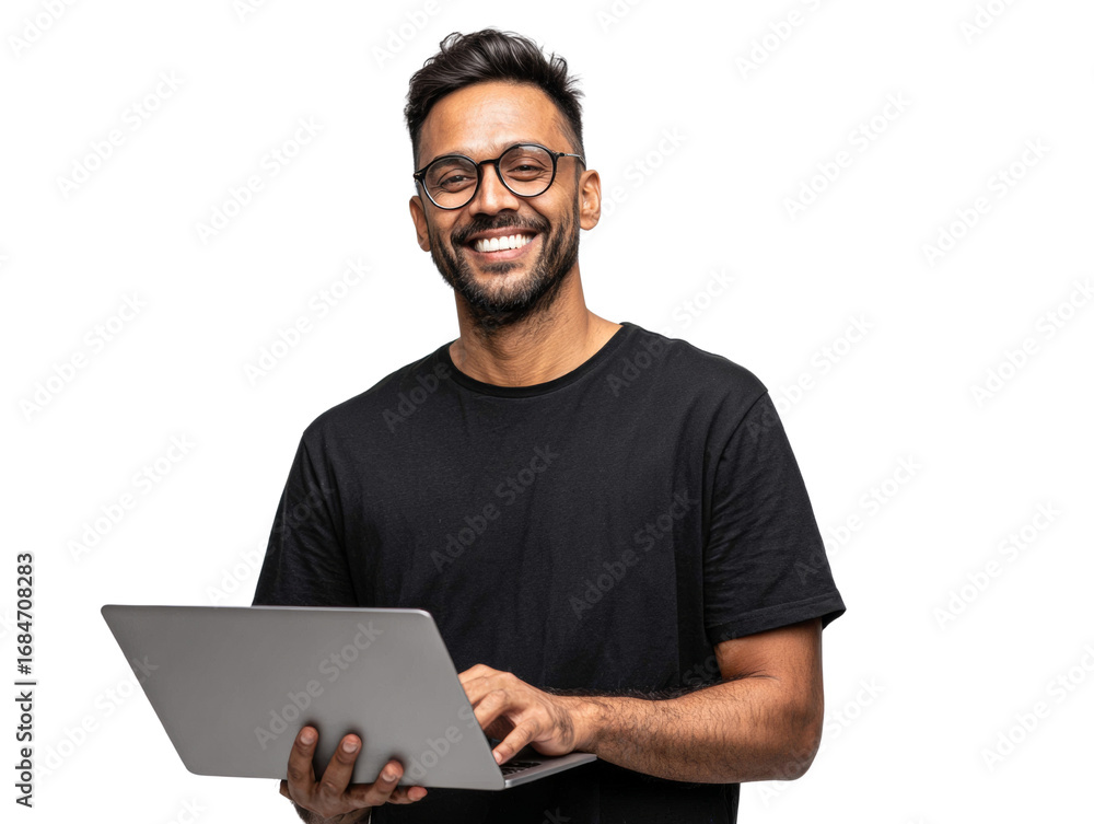 Aufkleber smiling freelancer working remotely on a laptop with optimism and confidence on isolated