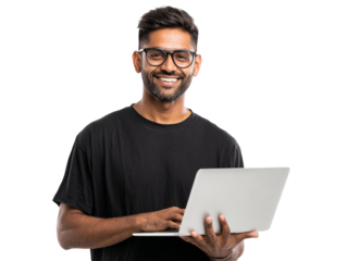 Confident Entrepreneur Smiling While Working on Laptop with Isolated Transparent Background