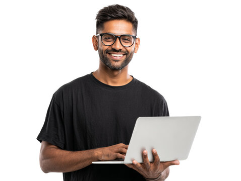 Confident Entrepreneur Smiling While Working on Laptop with Isolated Transparent Background