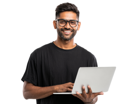 Confident Entrepreneur Smiling While Working on Laptop with Isolated Transparent Background