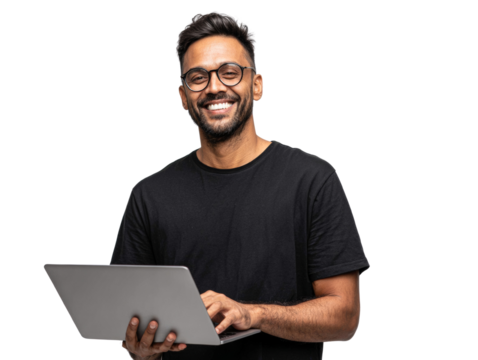 Smiling Freelancer Working Remotely on a Laptop with Optimism and Confidence on Isolated