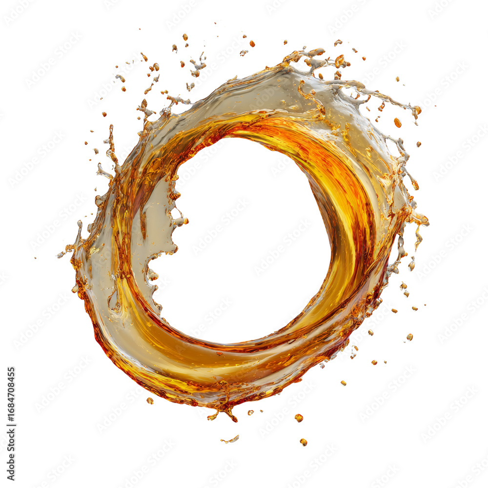 Poster dynamic fluid vortex with swirling movement and scattered droplets isolated for design elements