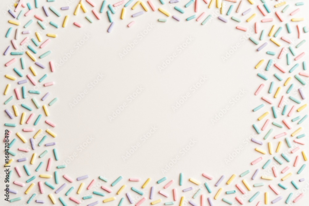 Poster colorful pastel candy sprinkles scattered around the border of a light beige background with empty c