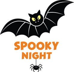 Fototapeta premium Vector art of cute cartoon black bat with yellow eyes and text spooky night with a hanging spider