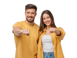 Cheerful young couple extending fists forward with smiles on a transparent space