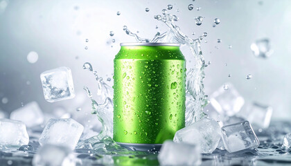 Green aluminum can, dynamic water splashes and ice cubes. Refreshing beer or soda drink.