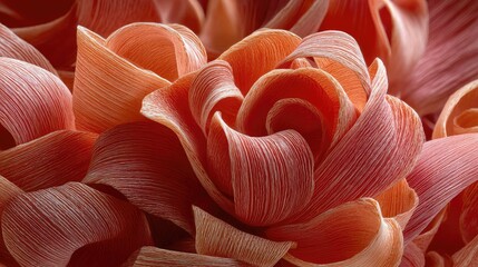 Abstract close-up of swirling, coral-toned petals