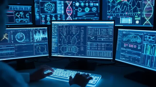 Advanced scientific research and genetic data analysis on multiple high-tech computer screens