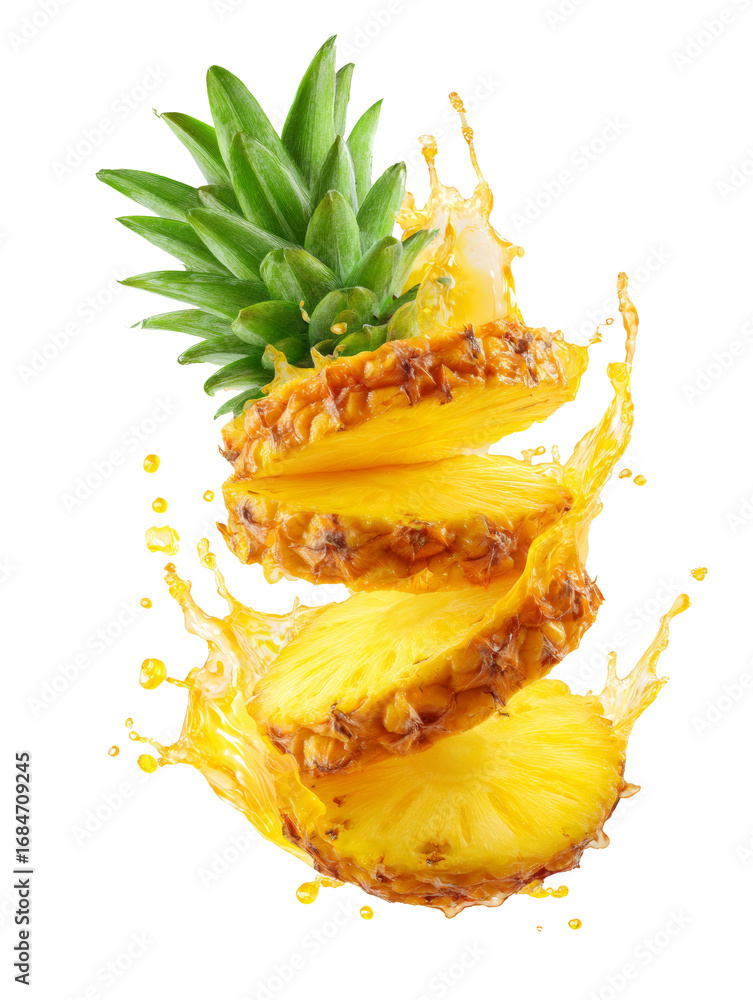 Aufkleber exotic pineapple slices cascading with refreshing juice against an isolated transparent setting
