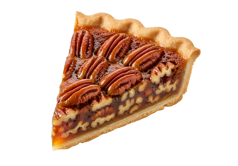 A delectable slice of pecan pie, showcasing glistening pecans and a rich, golden-brown crust against a stark black backdrop.