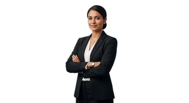 Confident business professional posing in formal attire with arms crossed against a plain background
