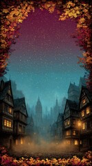 Fototapeta premium Enchanting Autumn Evening in a Mystical Village with Historic Architecture Under Starry Sky