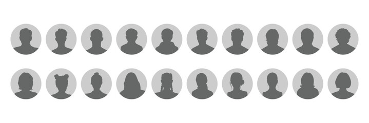 Avatar man icon, profile placeholder, anonymous user male gray person identity icon. Simple Gray Avatar Icons Representing Male And Female Profiles. person icon, profile picture. 