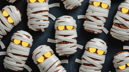 Fun Halloween-themed treats resembling mummies with glowing eyes crafted from baked goods, white frosting, and playful details, perfect for festive gatherings.